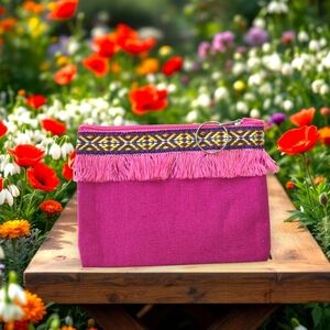 Embroidered Fringe Zippered Clutch with Key Ring - Pink